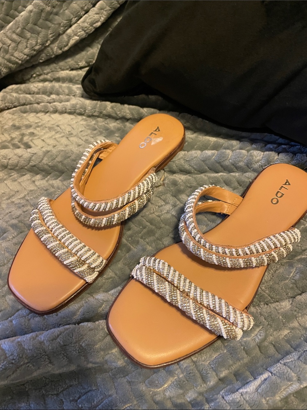ALDO Tan Slide Sandals with Silver Braided Straps